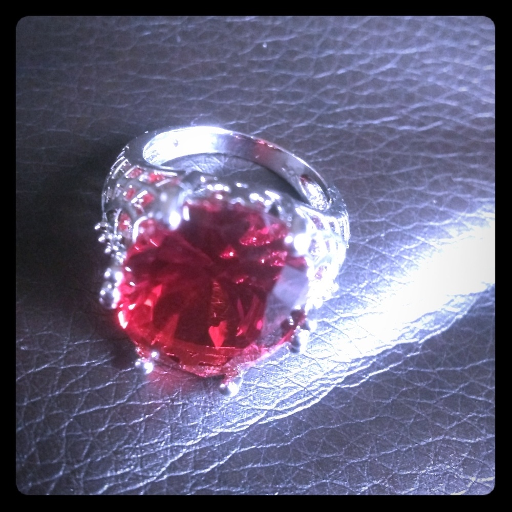 Sterling Silver And Simulated Fire Garnet Ring